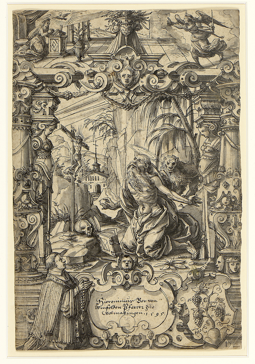 Design for a Stained-Glass Window: Saint Jerome in the Desert with the Annunciation Above, and a Kneeling Donor and a Coat of Arms Below